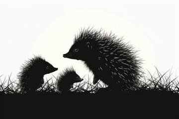 Canvas Print - A black and white picture of a hedgehog and a baby hedgehog. Perfect for nature lovers and animal enthusiasts