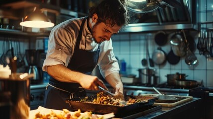 Poster - A man is seen preparing food in a pan. This image can be used to showcase cooking, meal preparation, or culinary skills