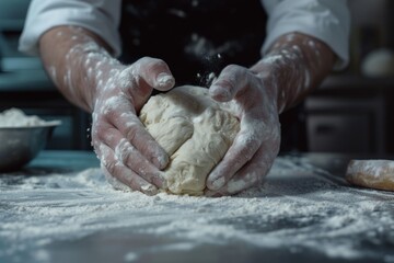 Poster - A person kneading a ball of dough on a table. Suitable for baking and cooking related projects