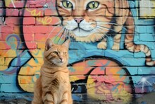 A Brown Cat Is Sitting By A Colorful Mural On The Wall