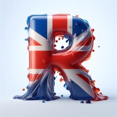 Glasss letter R in color of United Kingdom flag. AI generated illustration