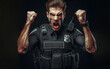 Man wearing police uniform angry and mad screaming frustrated and furious, shouting with anger. rage and aggressive concept