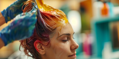 Poster - woman dyes her hair in a beauty salon