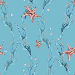 Wall Mural - Underwater world clipart with sea animals, bubbles, starfish and algae. Hand drawn watercolor illustration. Seamless pattern on a blue background