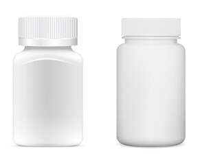 Wall Mural - Supplement jar. Pill bottle mockup, vector template. White plastic vitamin package design closeup. Tablet package blank, small pillbox for medicine product. Empty pharmacy drug tub