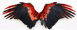 In a photorealistic style, red and black angel wings form an 
