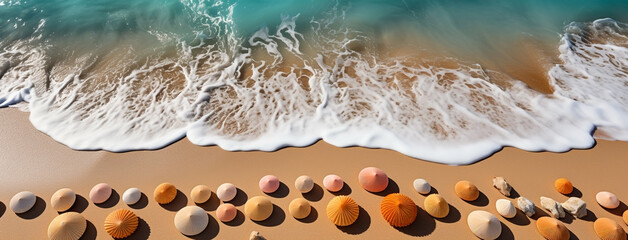 drone view of shore beach background with sea waves and sand from up