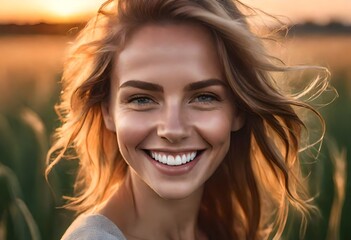 Wall Mural - white, caucasian woman smiling full of joy outside in a field. Head shot, modelling shoot headshot