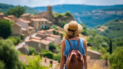 Female traveler admiring scenic village in France.