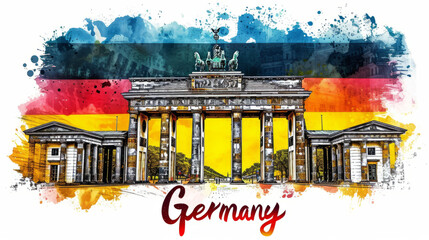 Wall Mural - Travel to Germany country illustration background with a mix of German flag colors and architecture of Germany isolated on white backdrop