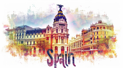Wall Mural - Travel to Spain country illustration background with a mix of Spanish flag colors and architecture of Spain isolated on white backdrop
