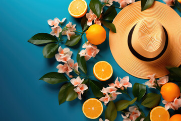 Wall Mural - Summer composition. Green leaves and a straw hat, slices of orange on a blue background. Travel and vacation concept. Flat lay, top view