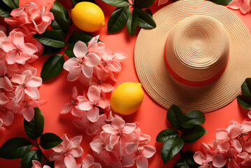 Wall Mural - Summer composition. Pink flowers, straw hat, lemons on a coral background. Summer concept. Flat lay, top view