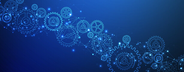 Wall Mural - Abstract blue technological background  with cogwheels and plexus effect. Vector