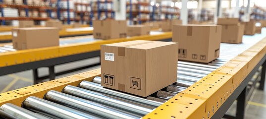 Wall Mural - Close up of multiple cardboard box packages moving along a conveyor belt in a bustling warehouse