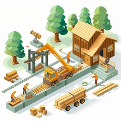 Wall Mural - Project teamwork at sawmills. isometric illustration