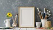 mockup poster frame on table with painting supplies 3d render