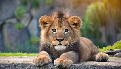 Wall Mural - a close up of a lion laying on the ground with it s front paws on the ground looking at the camera lion head portrait baby face