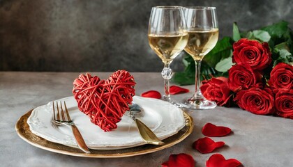 festive table setting menu layout for valentine s day cutlery with a heart on a plate and glasses with wine festive composition with a bouquet of red roses kitchen background