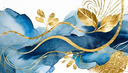 Poster - blue watercolor illustration and gold isolated on white background abstract modern print logo