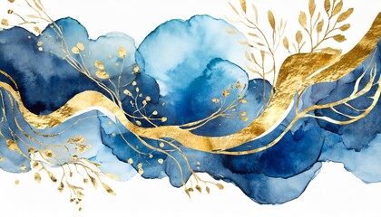 Wall Mural - blue watercolor illustration and gold isolated on white background abstract modern print logo