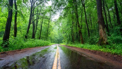 Wall Mural - road in green forest after rain