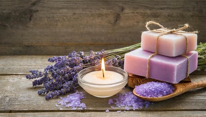 Canvas Print - spa products soaps salts and lit candle with lavender flowers