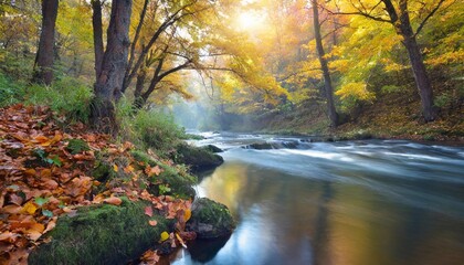 Wall Mural - autumn quiet over river in forest