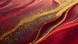 red liquid with tints of golden glitters red background with a scattering of gold sparkles magic galaxy of golden dust particles in red fluid with burgundy tints