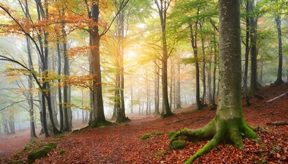 Wall Mural - autumn beech forest on misty weather during sunrise