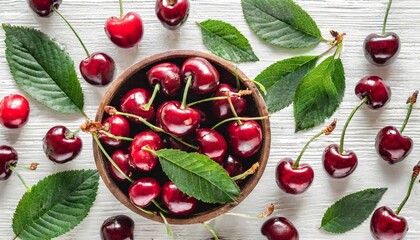 Wall Mural - cherry pattern flat lay top view of cherries and leaves on white background