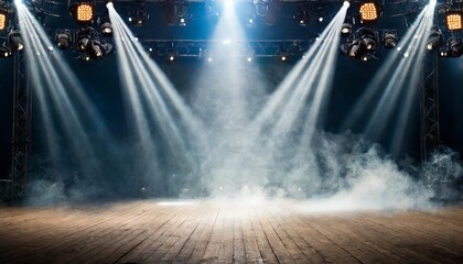 Wall Mural - empty concert stage with illuminated spotlights and smoke stage background with copy space