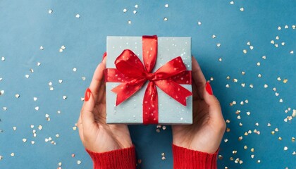 Canvas Print - female hands holding gift box on blue background