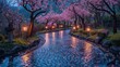 © nur - Enchanting cherry blossoms over a cobblestone path in a serene nighttime garden