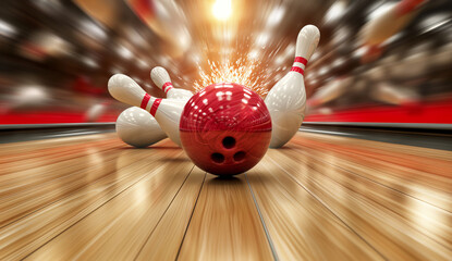 Wall Mural - A red bowling ball flies down the lane and smashes the pins, they fly off in different directions, strike