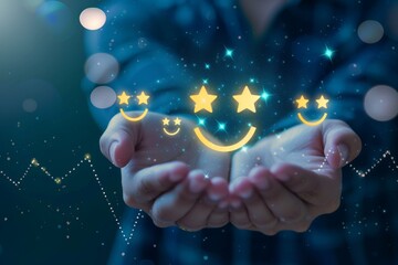 Wall Mural - Blessed emoticon verbal expression star ratings. Sociable passionate team communication external client feedback. Managing client reviews. Star emoji happy smileys, positive everlasting smiling symbol