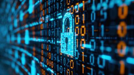 Highlighting the importance of cyber defense with an image of a computer screen filled with encrypted binary code and a digital padlock, ensuring online safety.