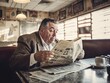 Elderly gentleman absorbed in news article at a retro diner table