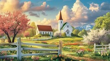 Painting Of A Church And A Country Road. A Church Standing By A Country Road, Showcasing The Peaceful Scenery.