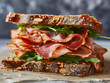 Sandwich with pieces of dried meat mortadella and greens. Italian snack in close-up.  Photorealistic, background with bokeh effect. 