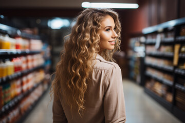 Cheerful young woman shopping in supermarket aisle