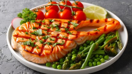 Wall Mural - Delicious roasted salmon steak with fresh vegetables on white plate with copy space for text