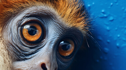 Wall Mural - close up of a monkey with big eyes on a blue background