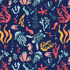 Wall Mural - Undersea world. Abstract pattern with sea turtles, jellyfish, fish, algae and coral. Vector repeating pattern for fabric, textile, wallpaper, cards.