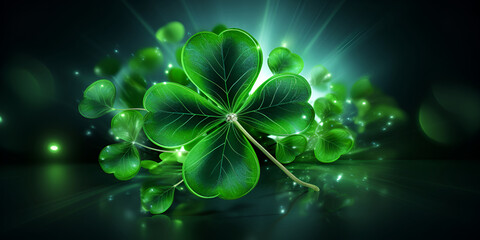 Close up of green fresh bright shamrock leaves on blurred dark background. . Spring Holiday floral backdrop. Spring St. Patrick Day Clovers background. Copy space.