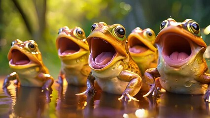 Wall Mural - A group of frogs in a heated croakoff with one trying to impress the judges by belting out a highpitched opera solo while the others look on in shock.