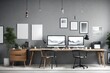 © MISHAL - Posters on grey wall above wooden desk with computer monitor in open space interior