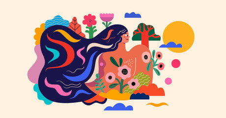 Wall Mural - Woman illustration. Happy Women's Day. Vector bright colourful banner with woman's face for the holiday Women's day. Character design for 8th march, women's day.