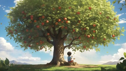 apple tree in the field and the child sittin there