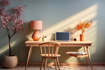 Wall Mural - Cozy interior of a modern workplace with a laptop at home in Scandinavian style